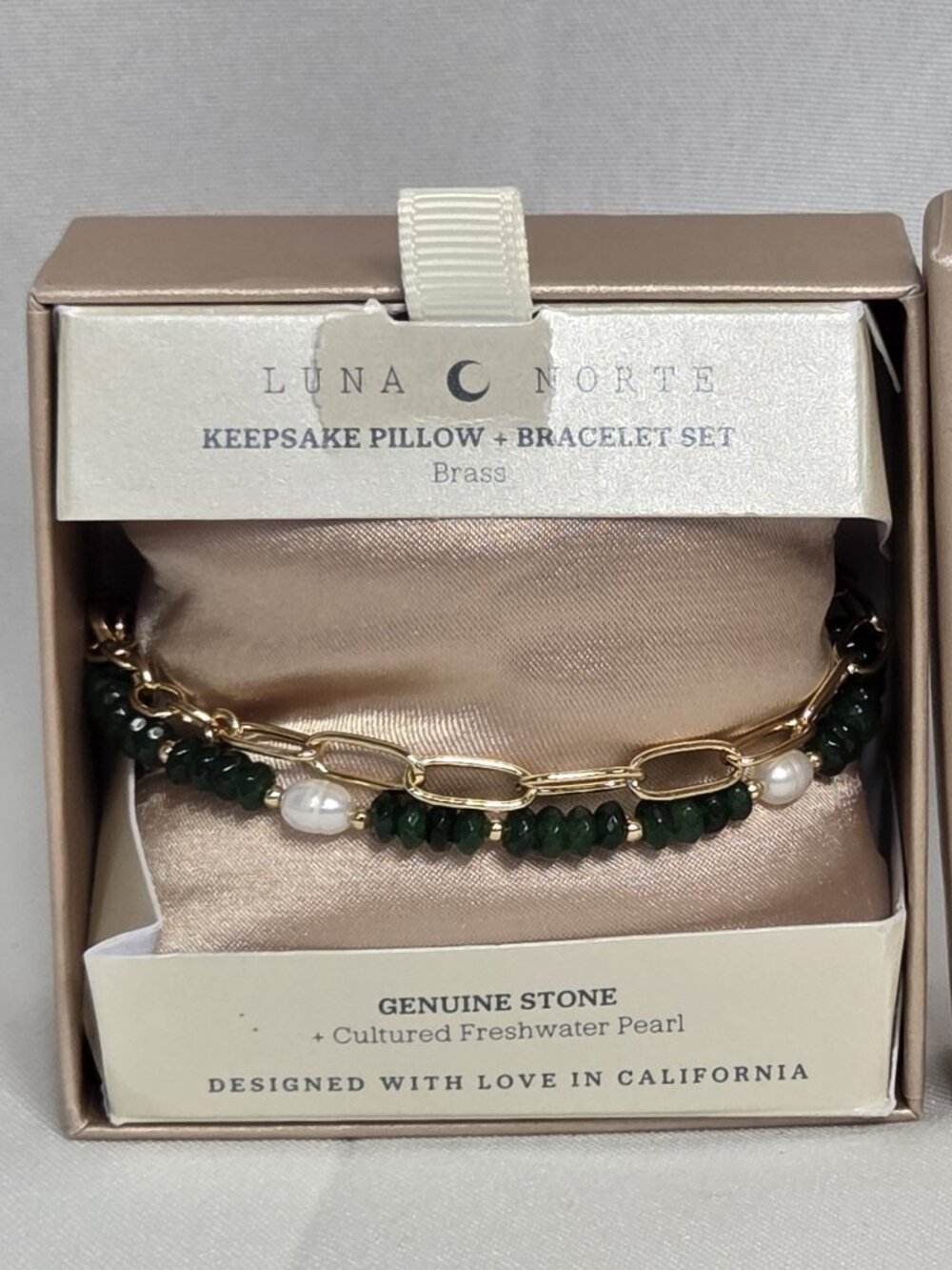 Luna Norte Brass Keepsake Pillow Bracelet Set Genuine Stone Pearl New In Box